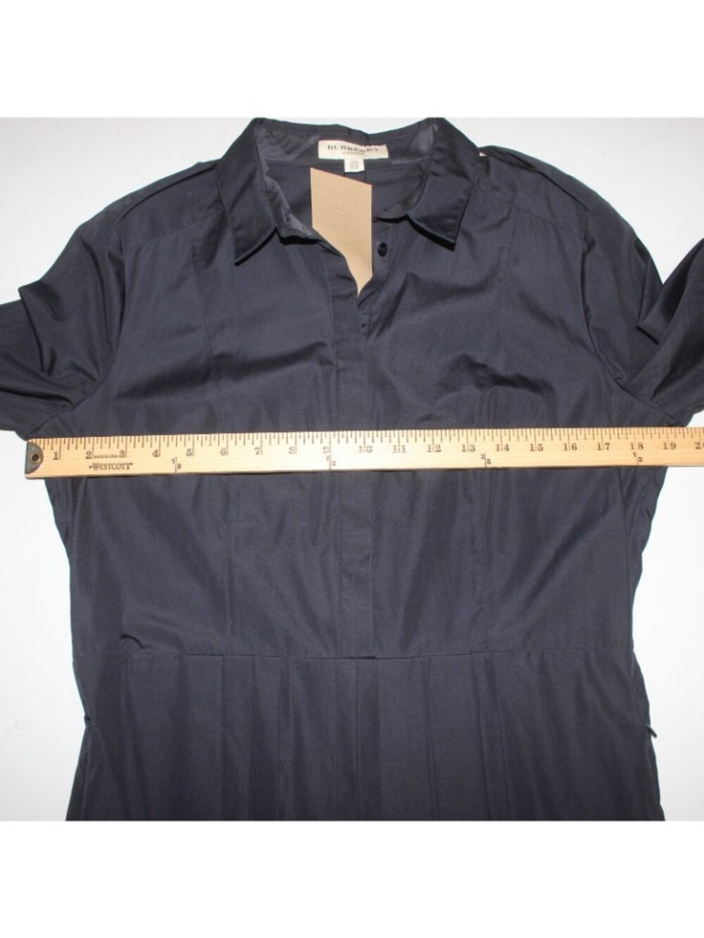 Burberry Dress Sz 12 Navy Blue Pockets Pleated Collared 100% Cotton Dress - Picture 15 of 16